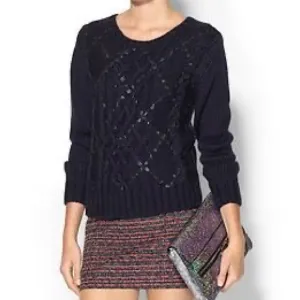 Parker Betsey Woven Leather Crewneck Cable Knit Sweater in Navy Blue Size Medium