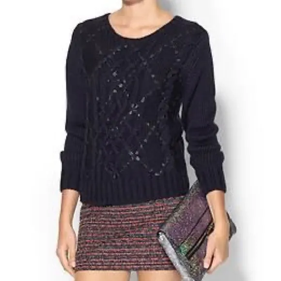 Parker Betsey Woven Leather Crewneck Cable Knit Sweater in Navy Blue Size Medium