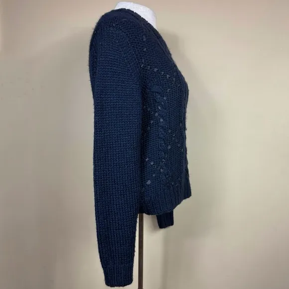 Parker Betsey Woven Leather Crewneck Cable Knit Sweater in Navy Blue Size Medium