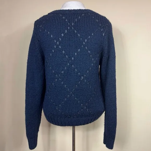 Parker Betsey Woven Leather Crewneck Cable Knit Sweater in Navy Blue Size Medium