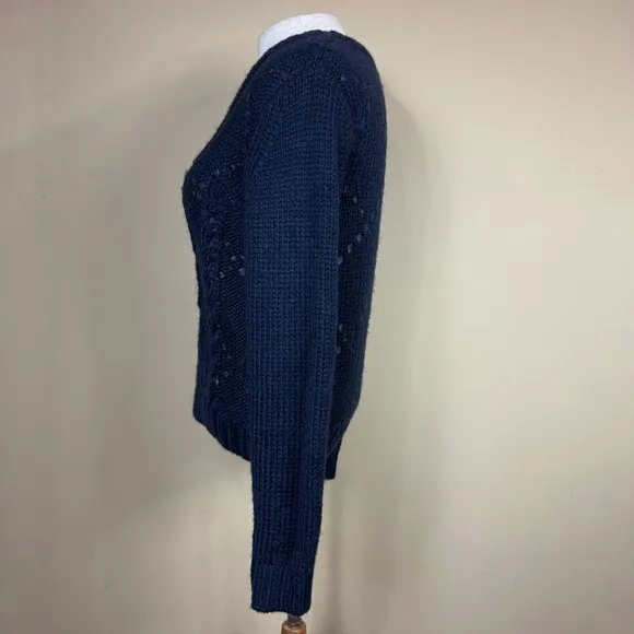 Parker Betsey Woven Leather Crewneck Cable Knit Sweater in Navy Blue Size Medium