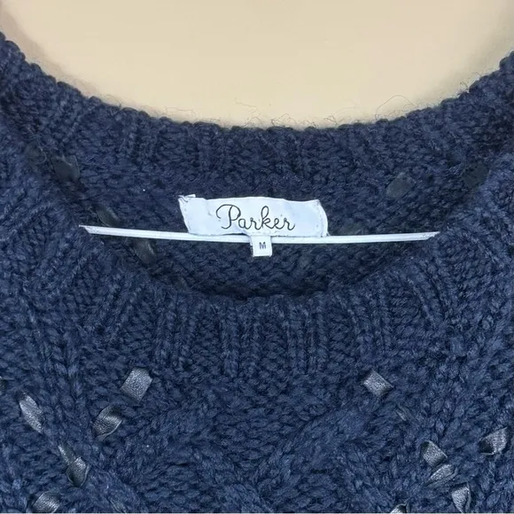Parker Betsey Woven Leather Crewneck Cable Knit Sweater in Navy Blue Size Medium
