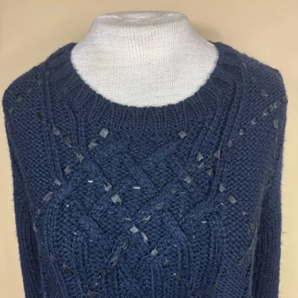 Parker Betsey Woven Leather Crewneck Cable Knit Sweater in Navy Blue Size Medium