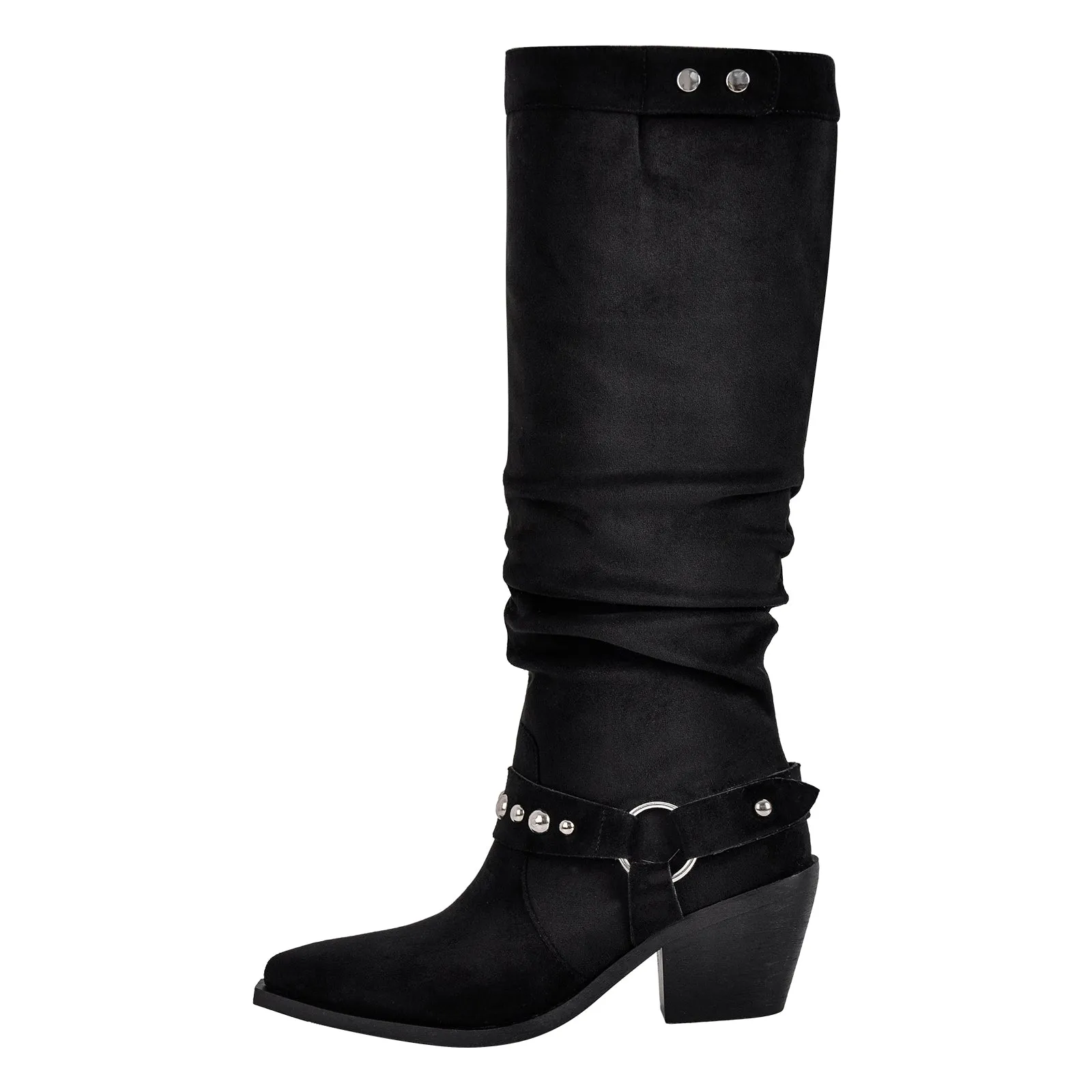 Pointed Toe Rivet Belt Pleated Knee High Boots