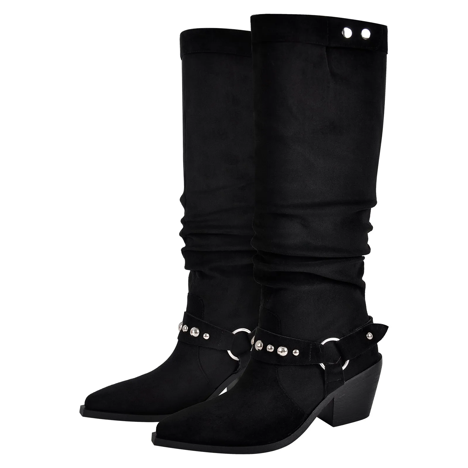 Pointed Toe Rivet Belt Pleated Knee High Boots