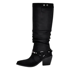 Pointed Toe Rivet Belt Pleated Knee High Boots