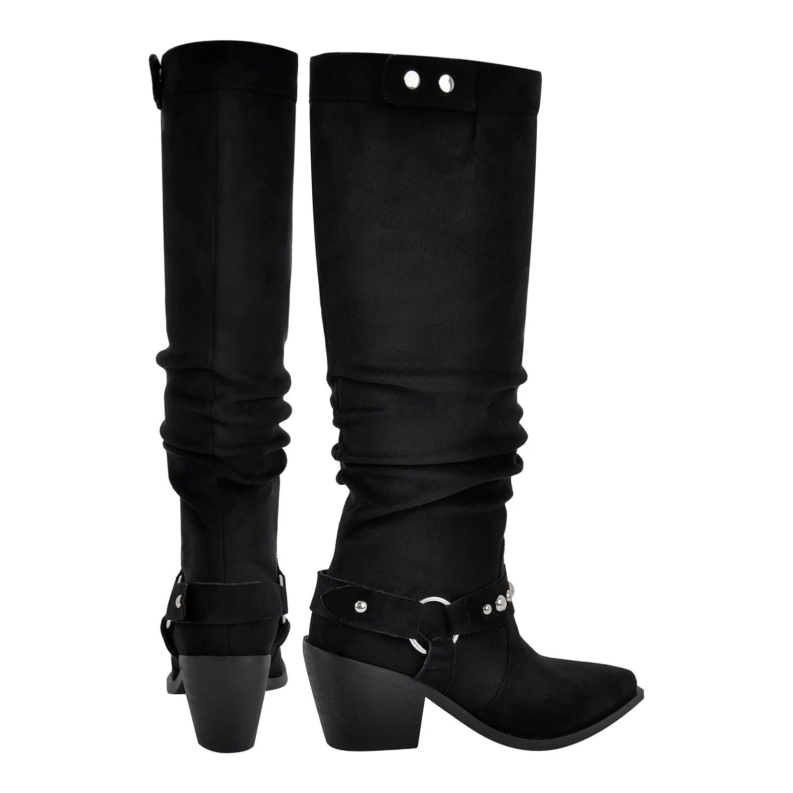 Pointed Toe Rivet Belt Pleated Knee High Boots