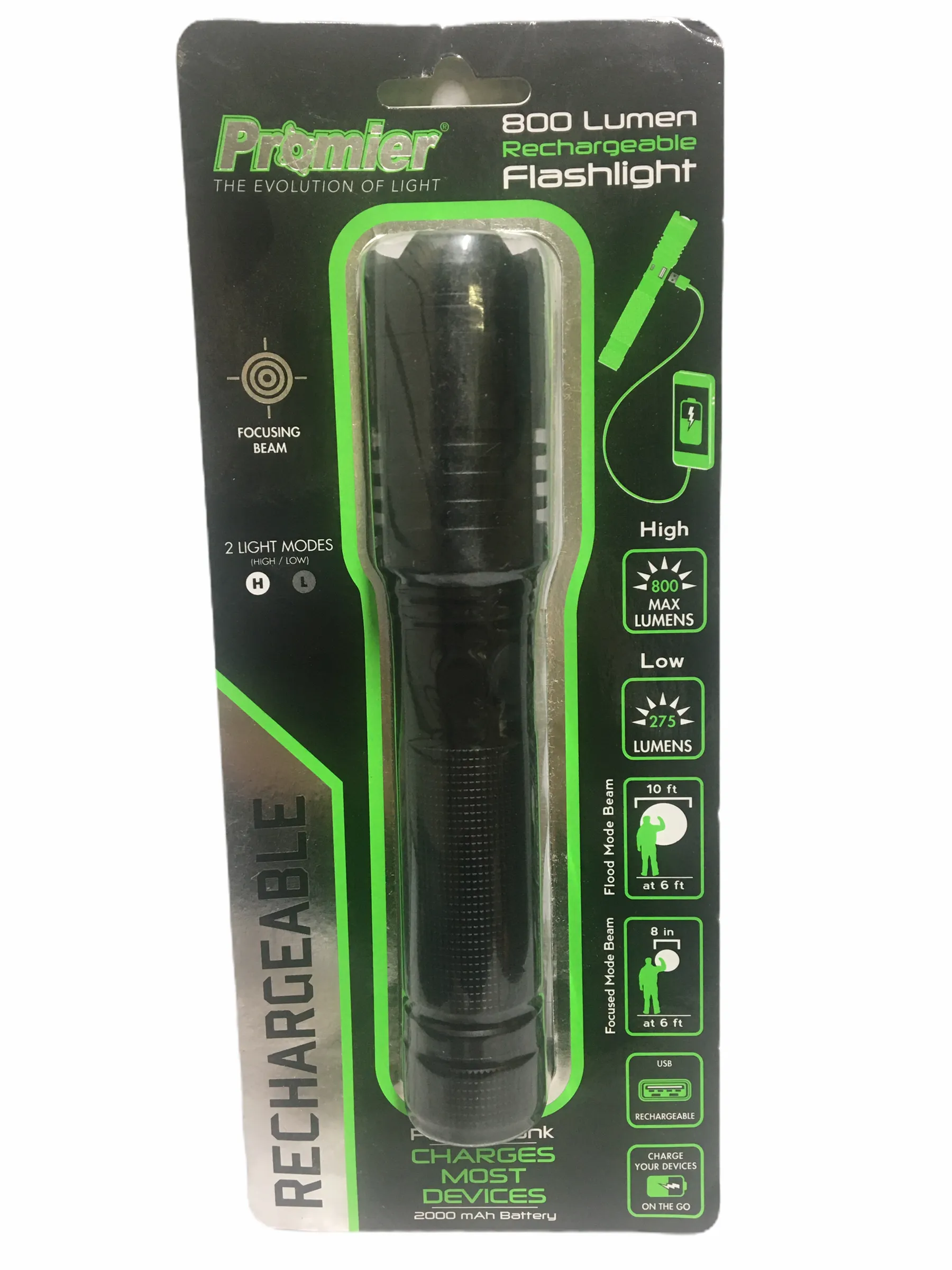 Rechargeable 800 Lumen Flashlight With Internal 2000 mAh Power Bank to Charge your Devices on the go- Super Bright 800 Lumens, 2 Light Modes - High Powered Military Grade!