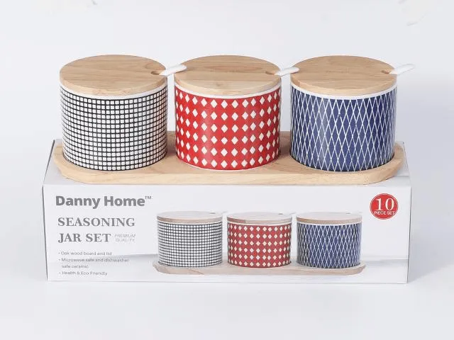 Set of 3 Porcelain Seasoning Jars with Bamboo Lids and Wooden Base