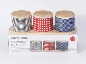 Set of 3 Porcelain Seasoning Jars with Bamboo Lids and Wooden Base
