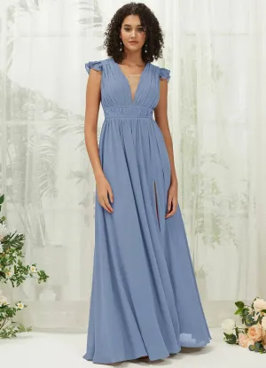 Slate Blue Cap Sleeves Pleated V-Neck Chiffon Maxi Bridesmaid Dress