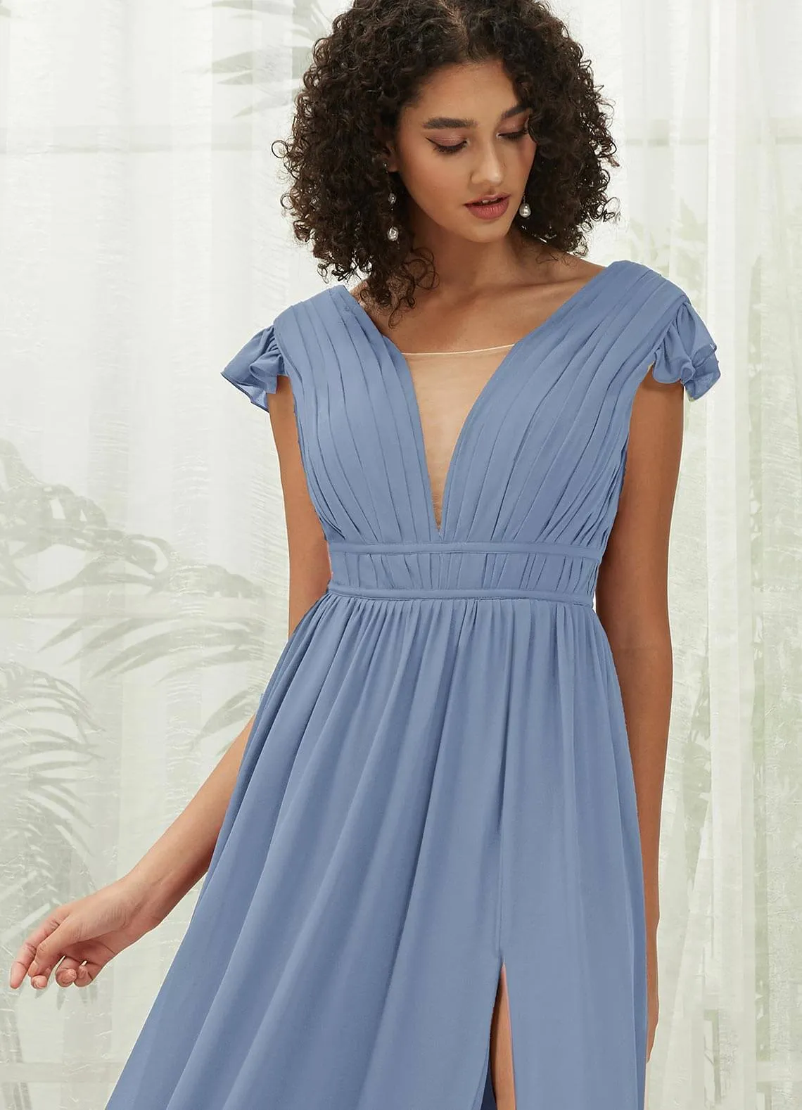 Slate Blue Cap Sleeves Pleated V-Neck Chiffon Maxi Bridesmaid Dress