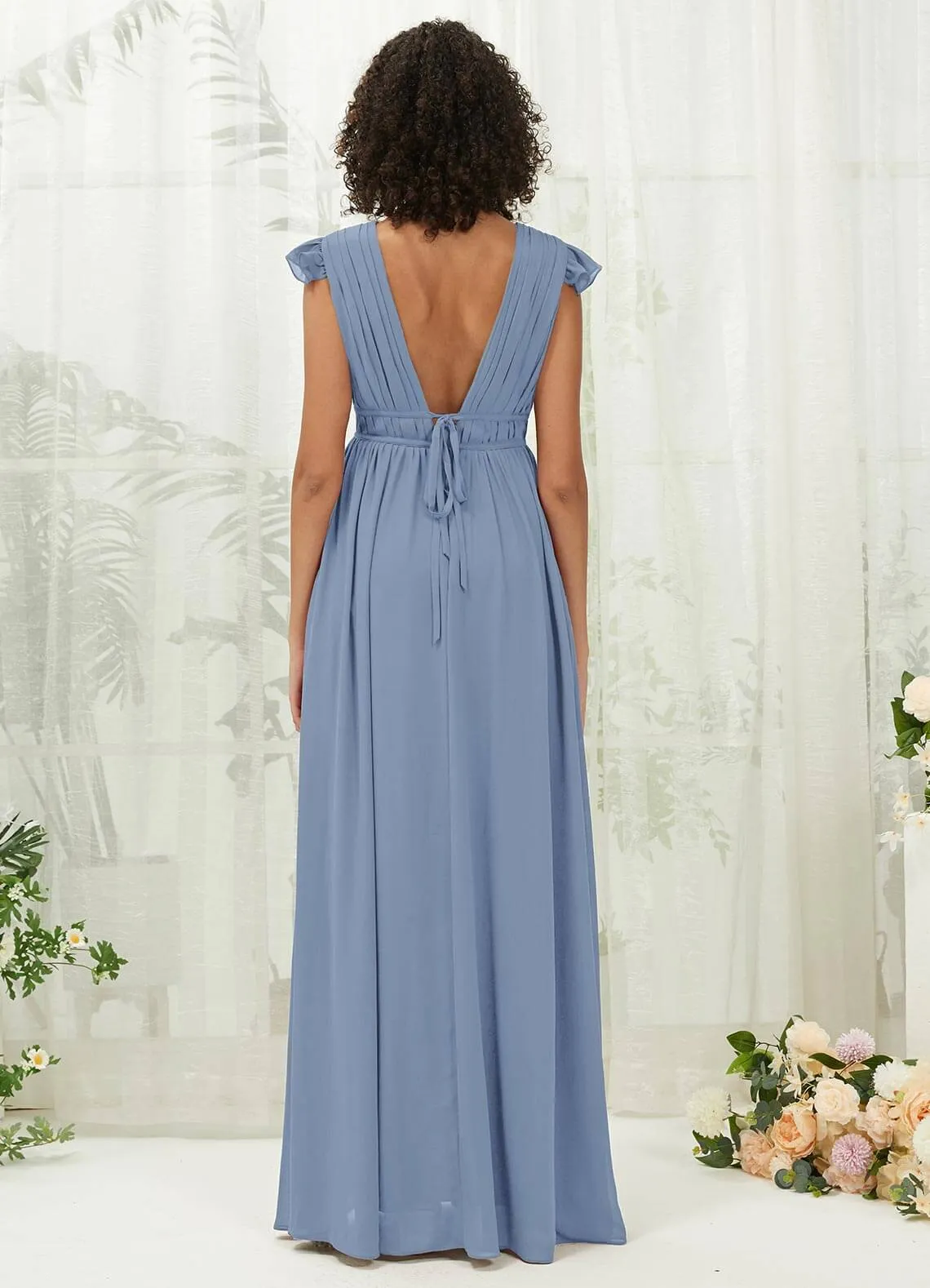 Slate Blue Cap Sleeves Pleated V-Neck Chiffon Maxi Bridesmaid Dress