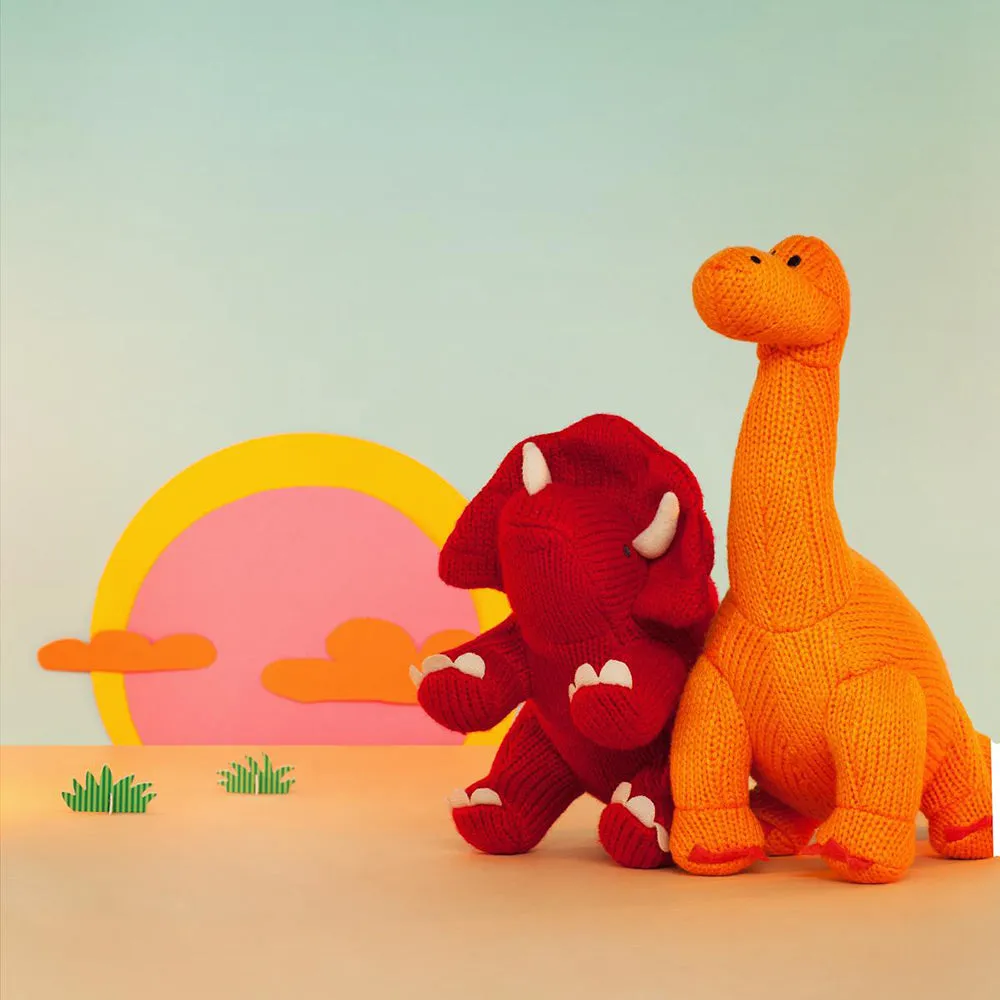 Small Red Triceratops Knitted Dinosaur Rattle