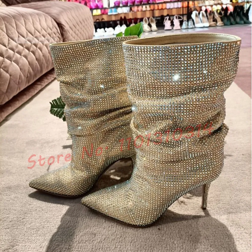 Sparkly Crystal Mid Boots Women New In Wide Fit Studded Luxury High Heels Evening Shoes Pointy Toe Slip-on Pleated Female Boots