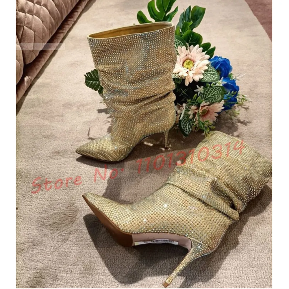 Sparkly Crystal Mid Boots Women New In Wide Fit Studded Luxury High Heels Evening Shoes Pointy Toe Slip-on Pleated Female Boots