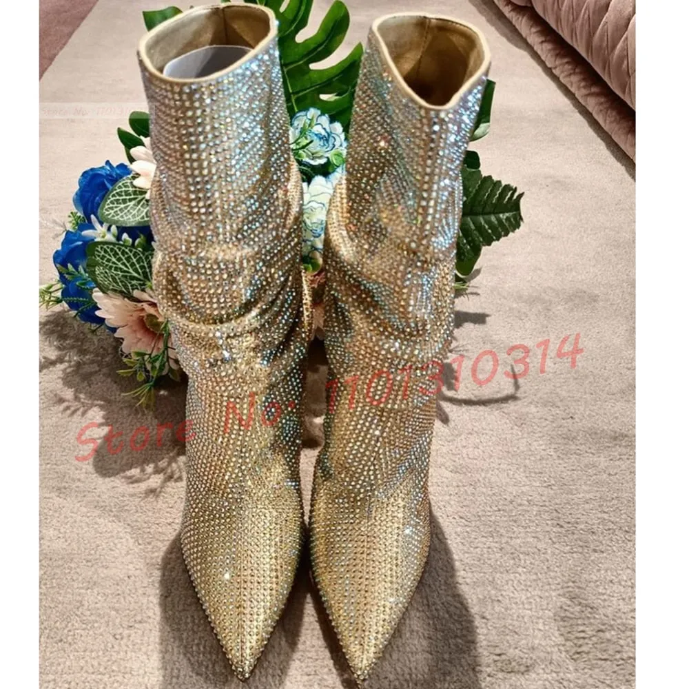 Sparkly Crystal Mid Boots Women New In Wide Fit Studded Luxury High Heels Evening Shoes Pointy Toe Slip-on Pleated Female Boots