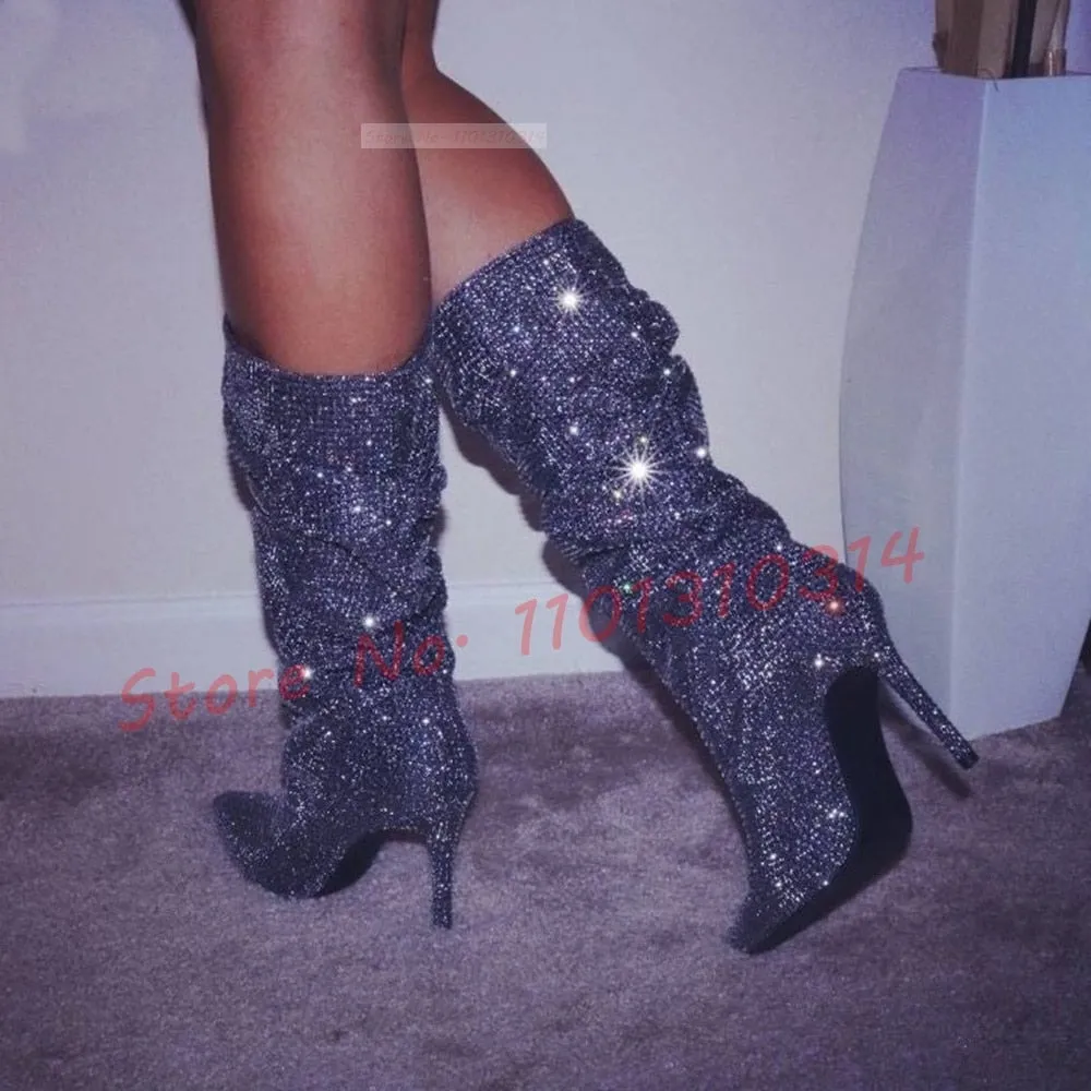 Sparkly Crystal Mid Boots Women New In Wide Fit Studded Luxury High Heels Evening Shoes Pointy Toe Slip-on Pleated Female Boots
