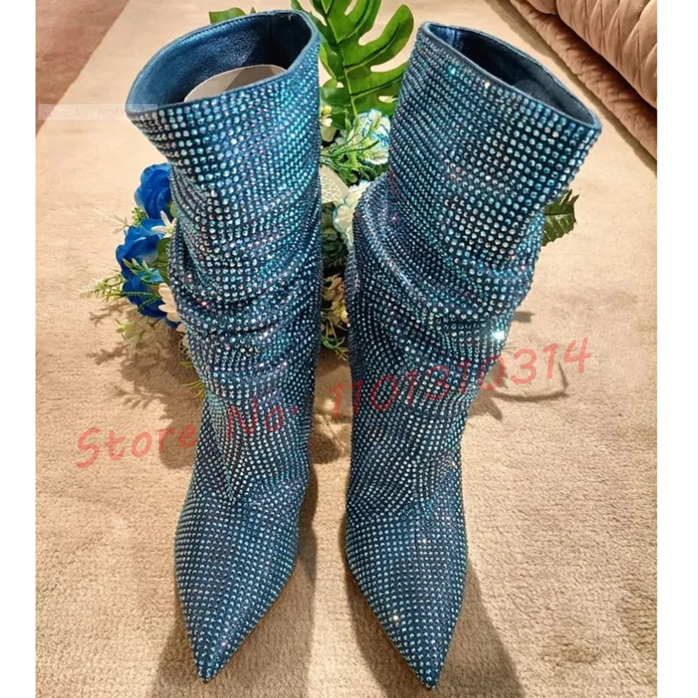 Sparkly Crystal Mid Boots Women New In Wide Fit Studded Luxury High Heels Evening Shoes Pointy Toe Slip-on Pleated Female Boots