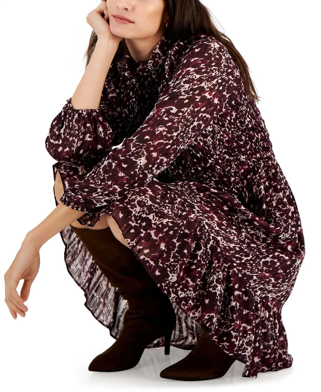 Taylor Women's Printed Mock-Neck Smocked Long-Sleeve Dress Mauve Plum Purple 8