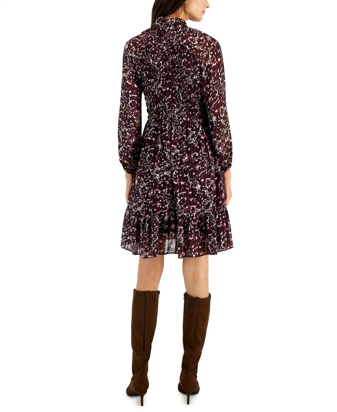 Taylor Women's Printed Mock-Neck Smocked Long-Sleeve Dress Mauve Plum Purple 8
