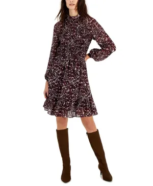Taylor Women's Printed Mock-Neck Smocked Long-Sleeve Dress Mauve Plum Purple 8