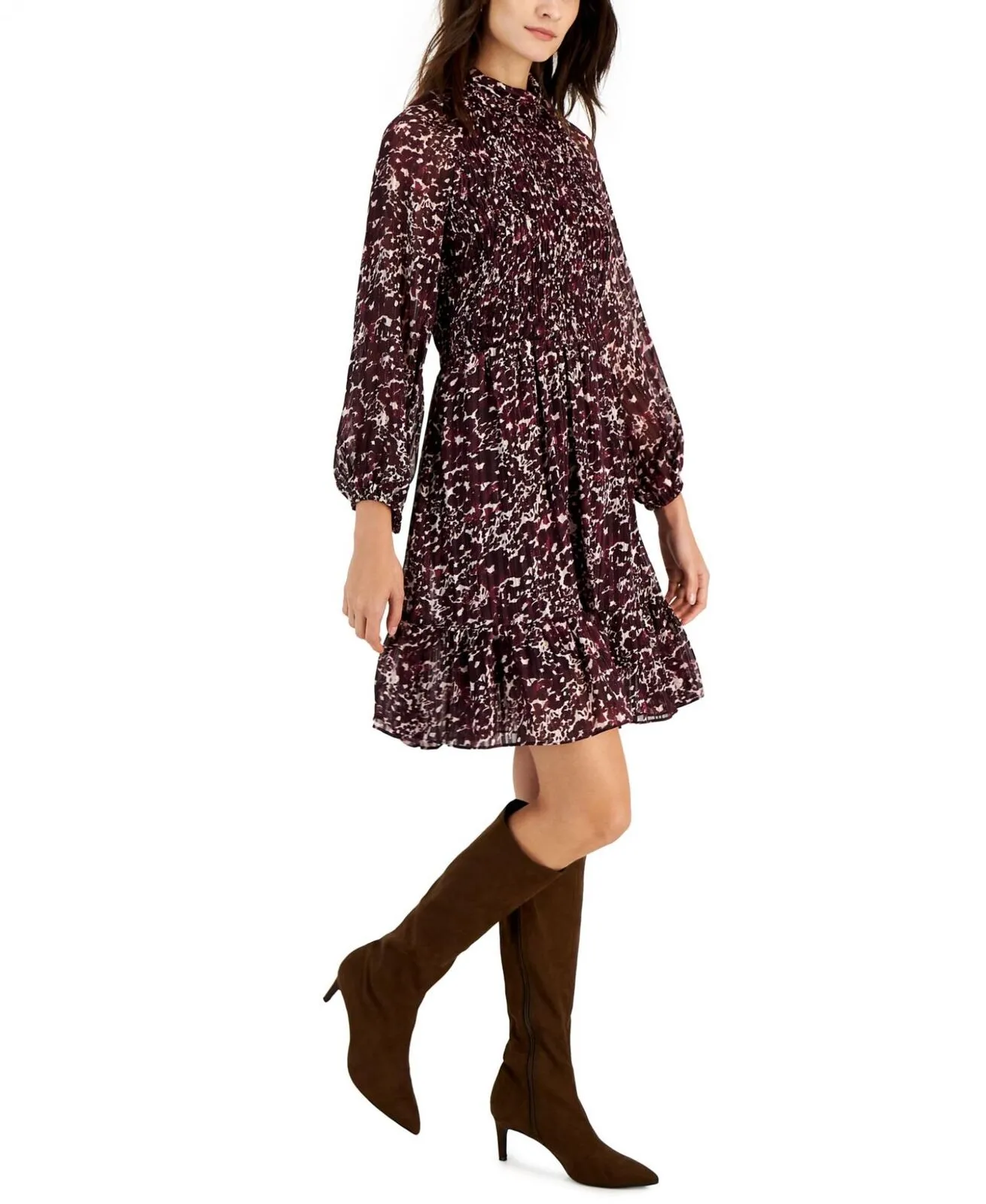 Taylor Women's Printed Mock-Neck Smocked Long-Sleeve Dress Mauve Plum Purple 8