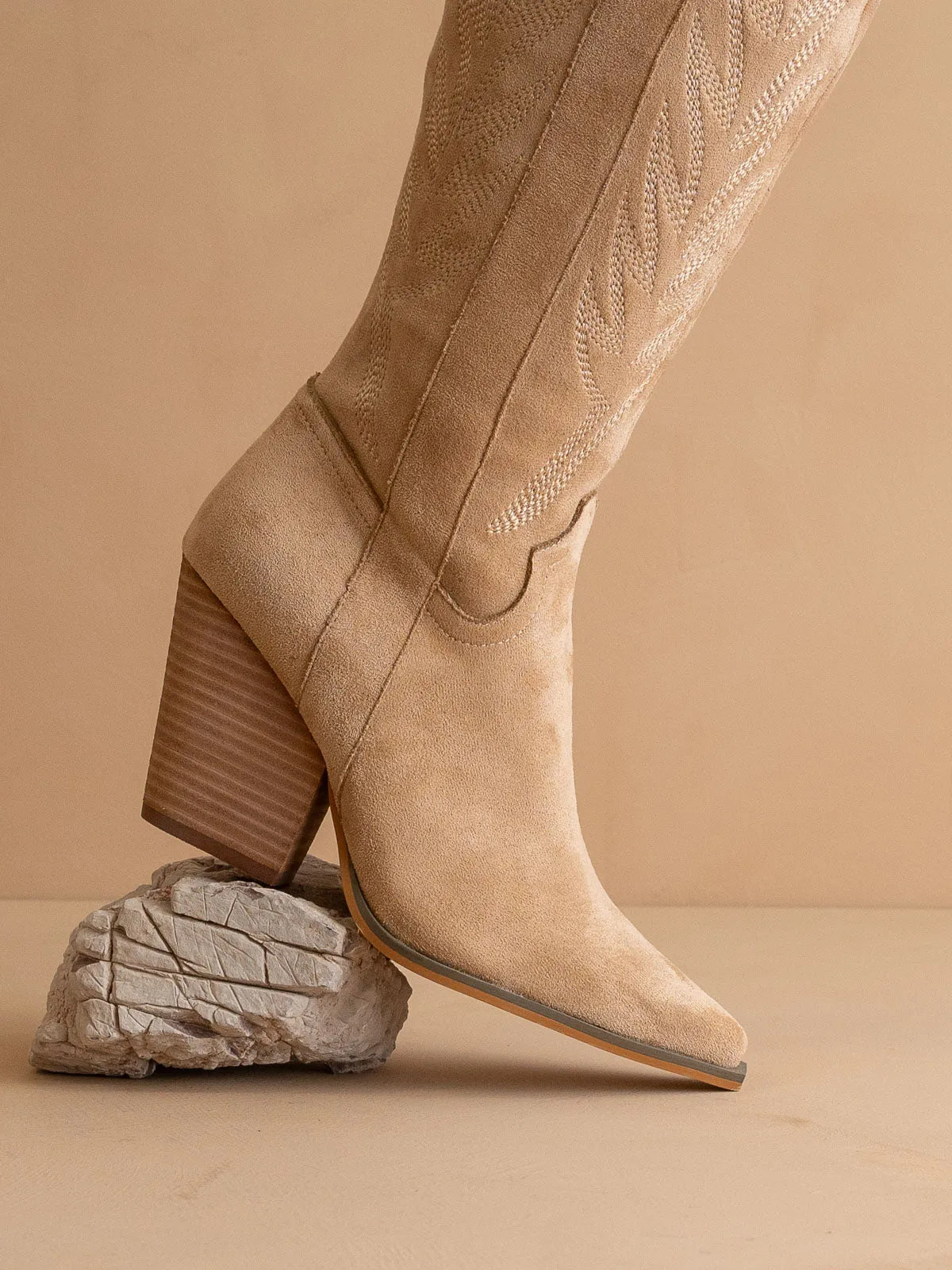 The Bronco | Almond Knee High Embroidered Cowboy Boot