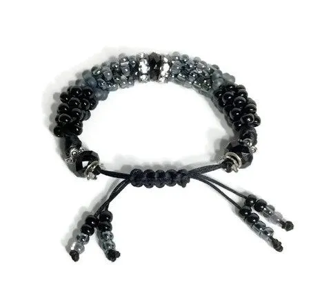 The Onyx beaded bracelet, chunky bracelet, black beads Kumihimo wristlet, woman size, Boho-style, macrame clasp