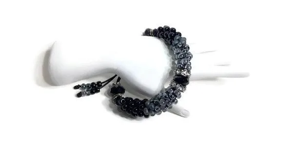 The Onyx beaded bracelet, chunky bracelet, black beads Kumihimo wristlet, woman size, Boho-style, macrame clasp