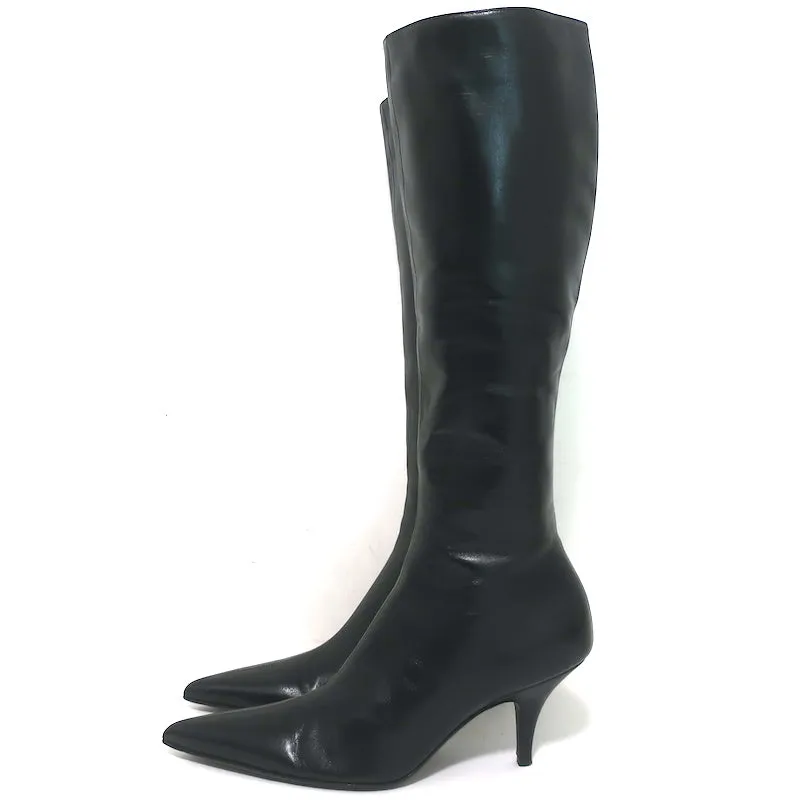 The Row Sling Knee High Boots Black Leather Size 36.5 Pointed Toe Low Heel