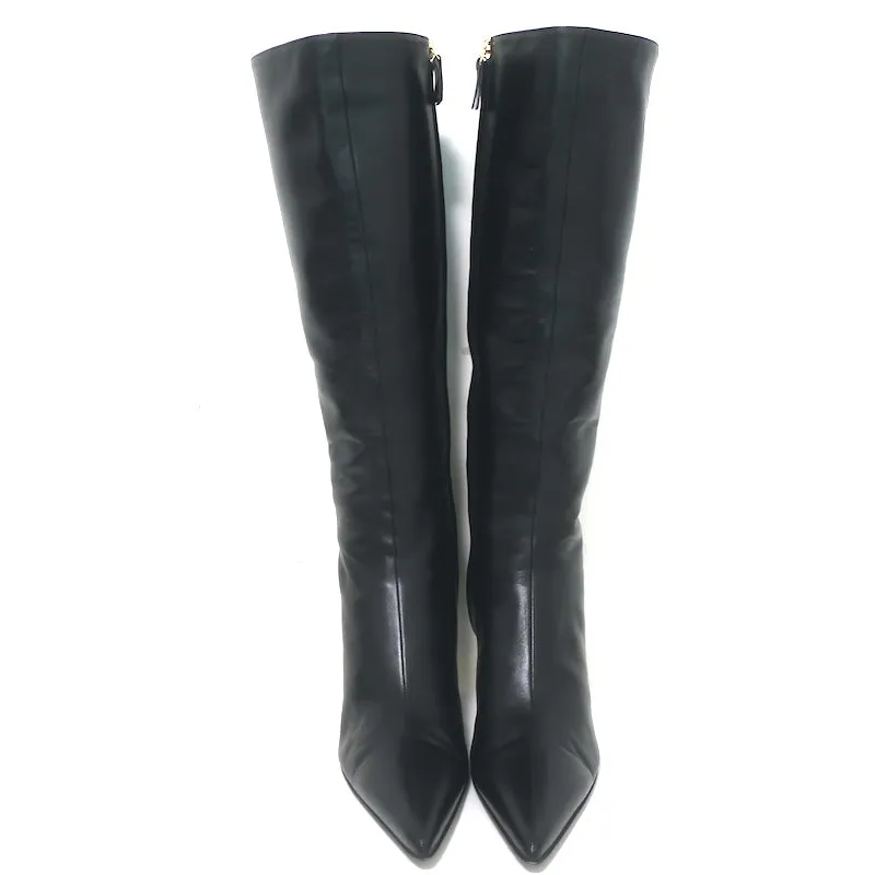 The Row Sling Knee High Boots Black Leather Size 36.5 Pointed Toe Low Heel