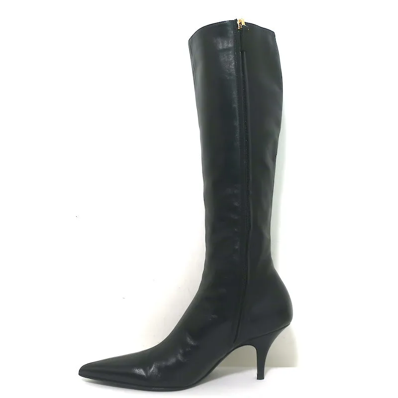The Row Sling Knee High Boots Black Leather Size 36.5 Pointed Toe Low Heel