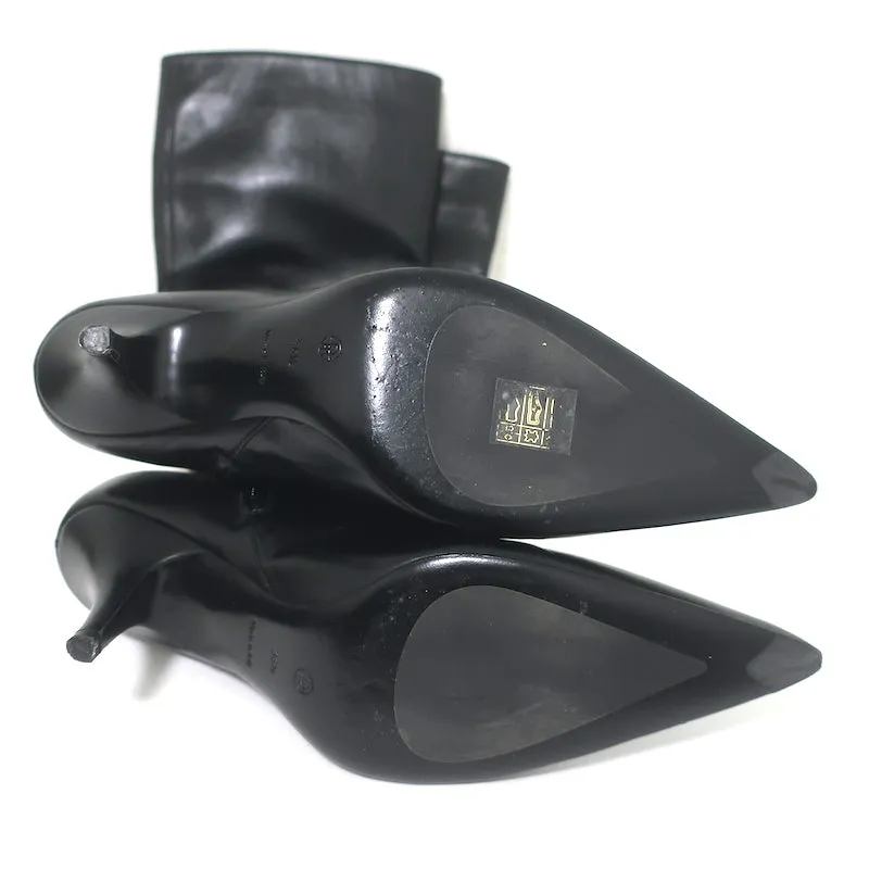 The Row Sling Knee High Boots Black Leather Size 36.5 Pointed Toe Low Heel