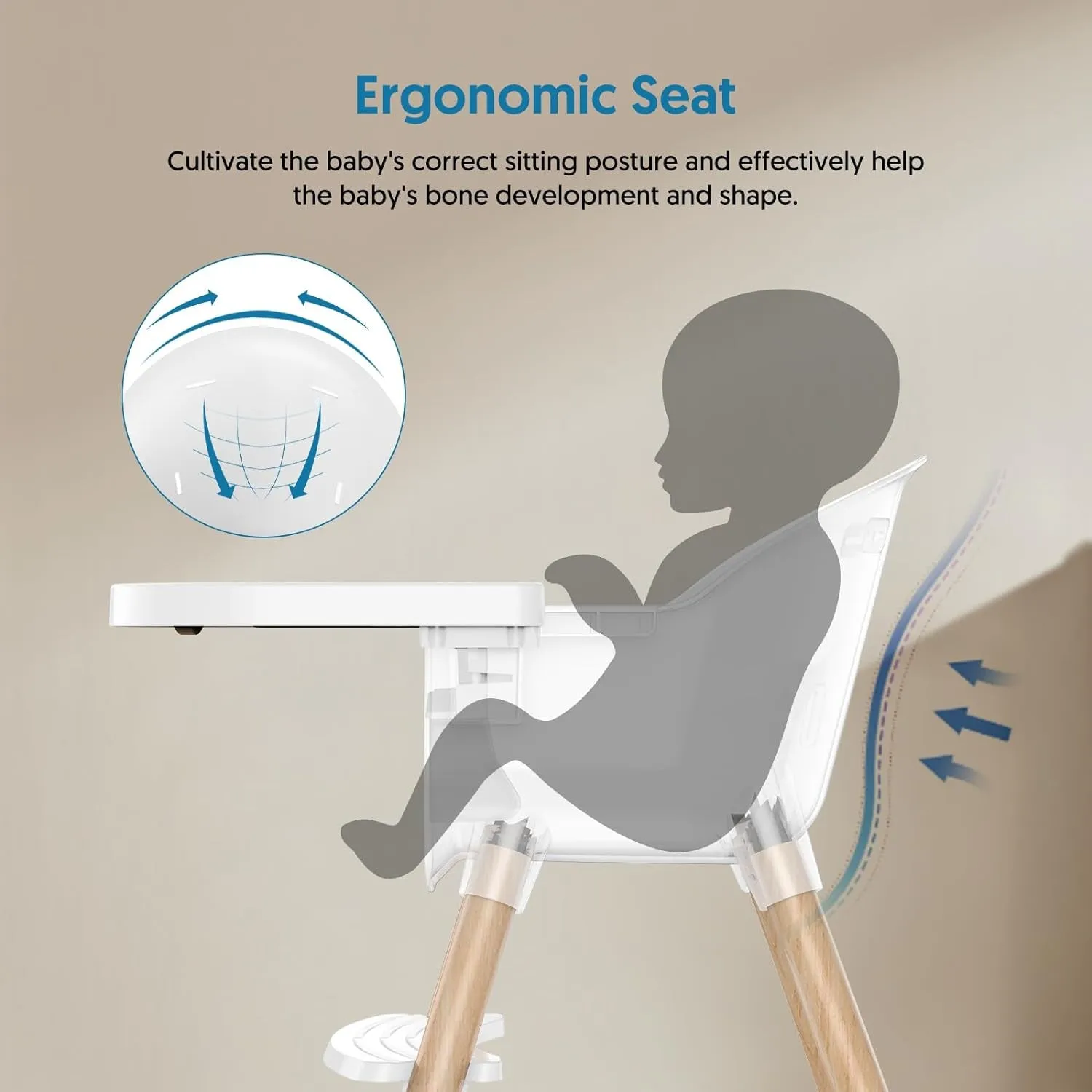 Toddler Highchair with 5-Point Safety Belt | Removable Tray | White & Wooden | 6 months  