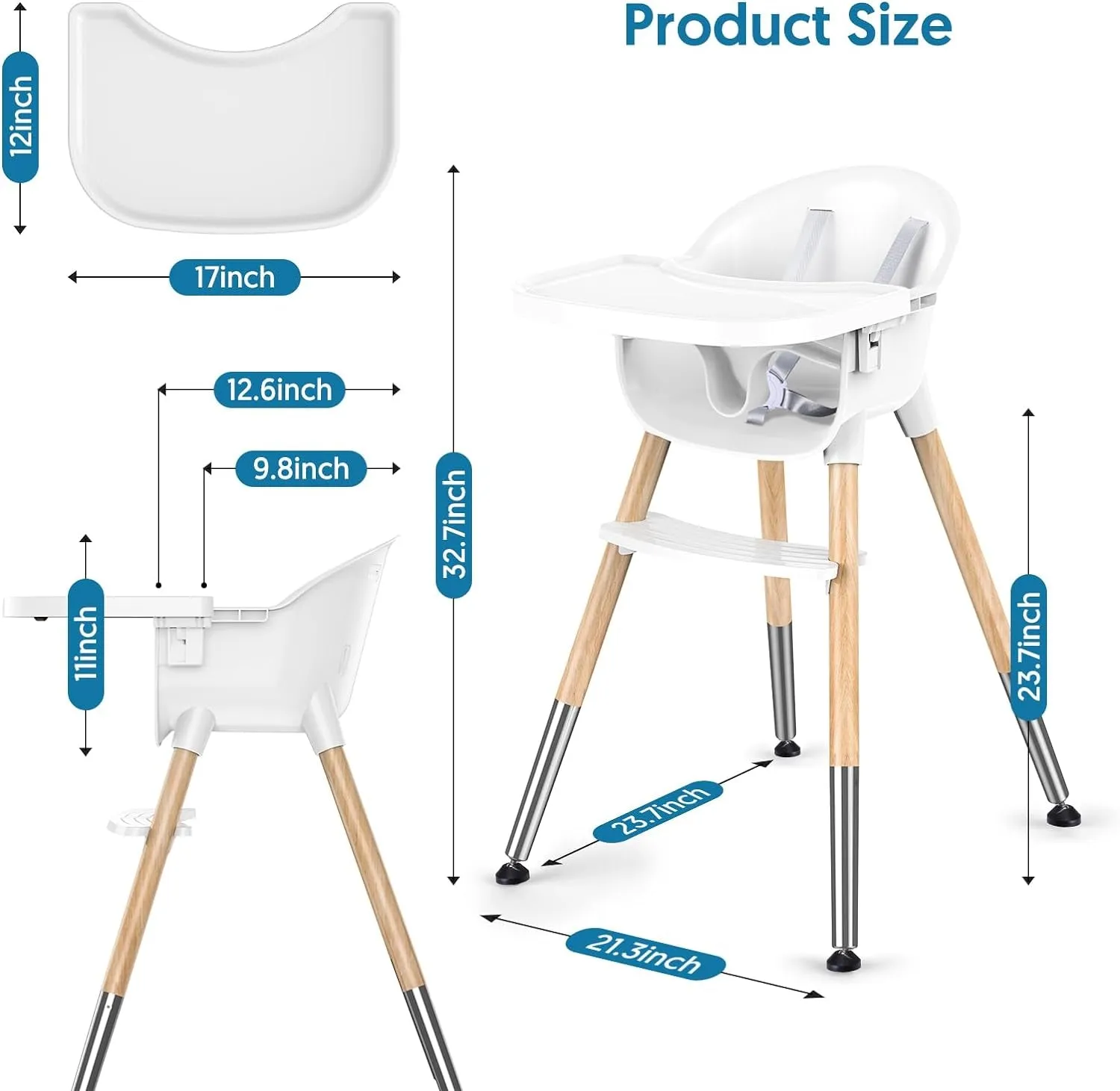 Toddler Highchair with 5-Point Safety Belt | Removable Tray | White & Wooden | 6 months  