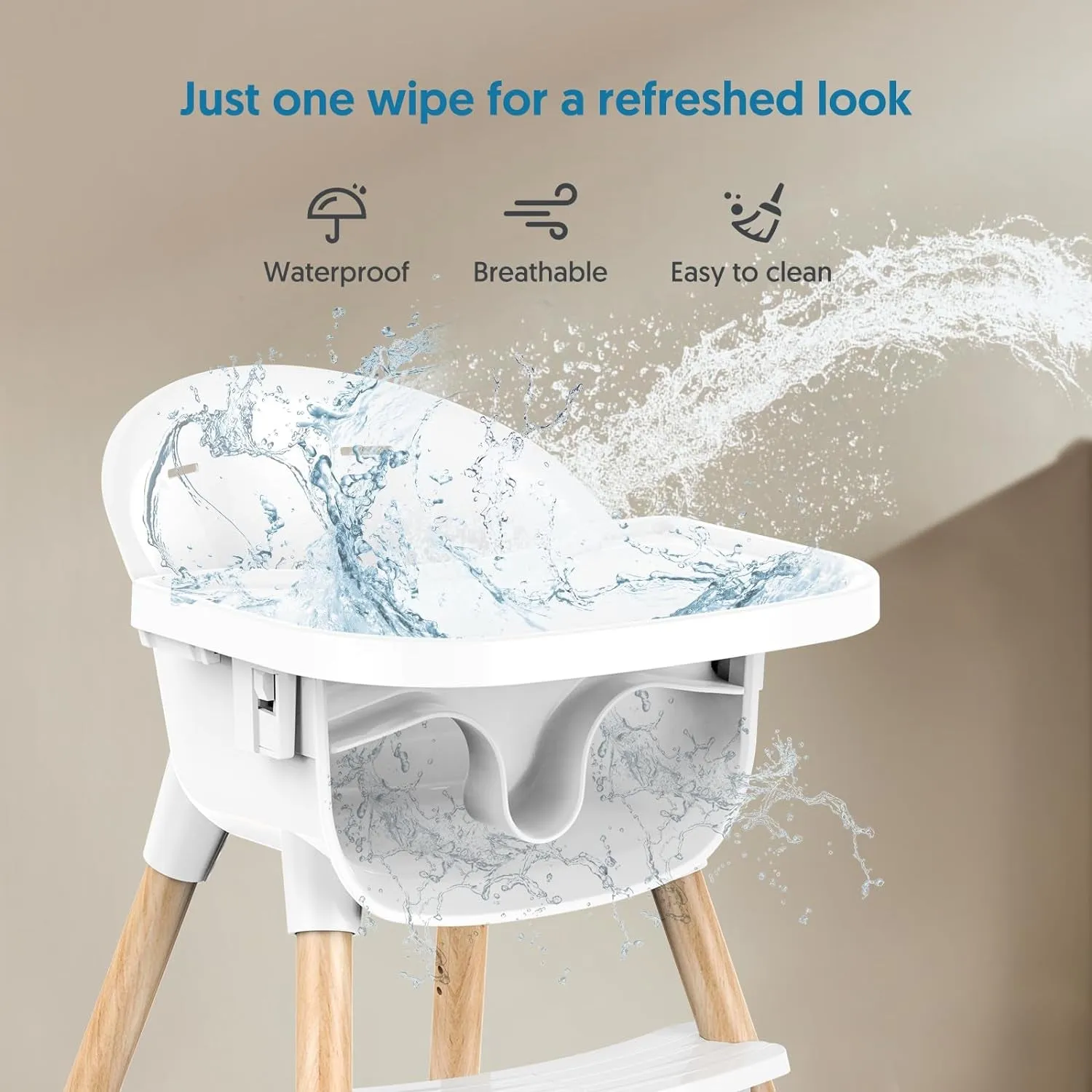 Toddler Highchair with 5-Point Safety Belt | Removable Tray | White & Wooden | 6 months  