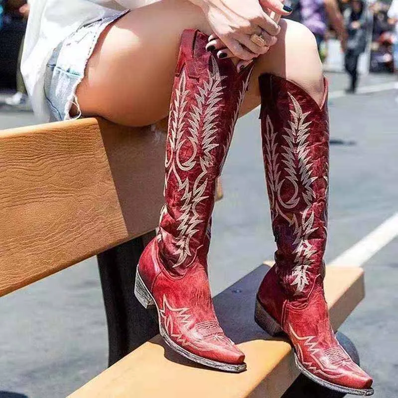 Women's Cowgirl Cowboy Square Toe Leather Embroidered Boots