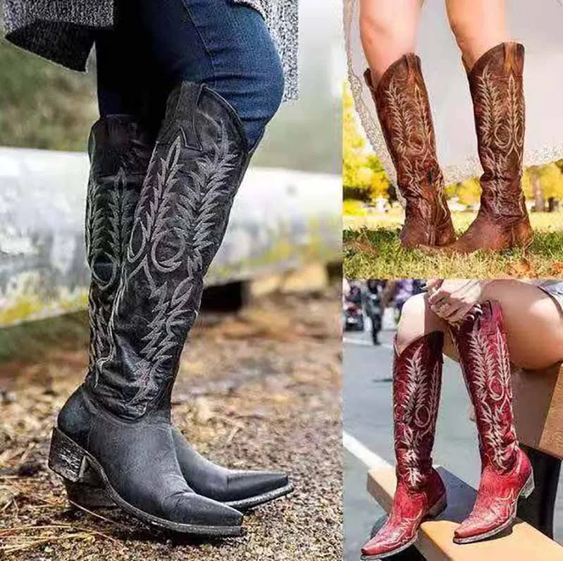 Women's Cowgirl Cowboy Square Toe Leather Embroidered Boots