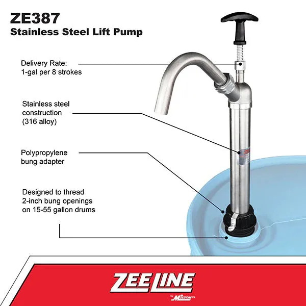 ZeeLine ZE387 SS Lift Pump For 15-55 Gal. Drum with PTFE Seals